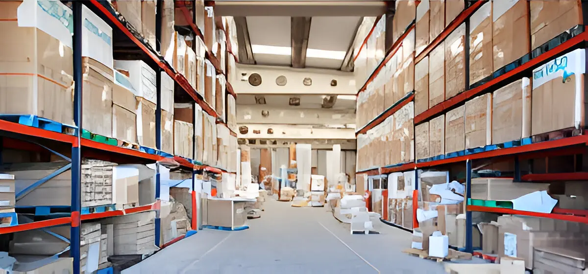 A warehouse filled with lots of boxes and shelves.