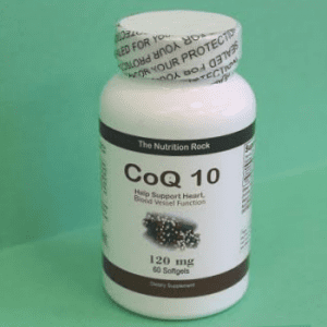 CoQ10 dietary supplement bottle on green background.