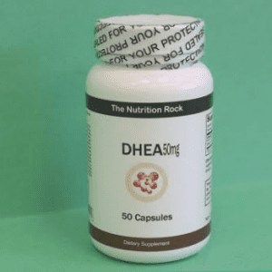 DHEA dietary supplement bottle, 50 capsules.