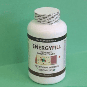 White vitamin bottle labeled "EnergyFill."