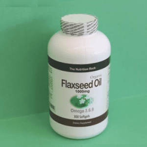 Organic flaxseed oil supplement bottle.