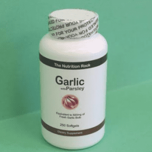 Garlic and parsley dietary supplement bottle.
