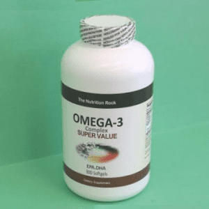 Omega-3 complex dietary supplement bottle.