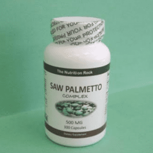 Saw Palmetto Complex supplement bottle on green background.