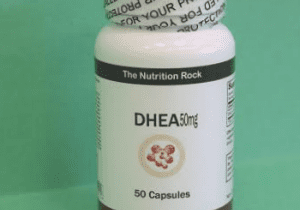 DHEA dietary supplement bottle, 50 capsules.