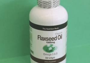 Organic flaxseed oil supplement bottle.