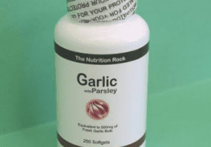 Garlic and parsley dietary supplement bottle.
