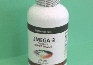 Omega-3 complex dietary supplement bottle.
